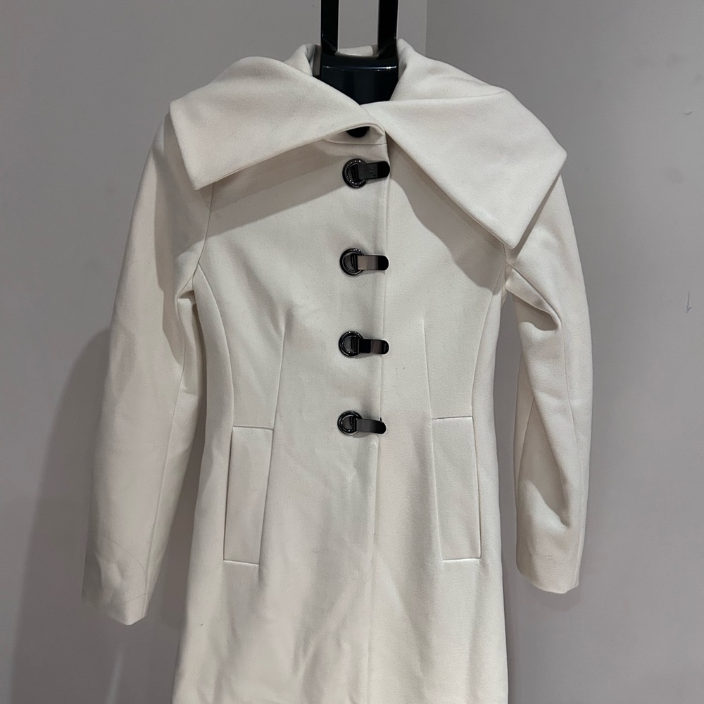 RW&CO. Women's White Pea Coat with Black Buttons